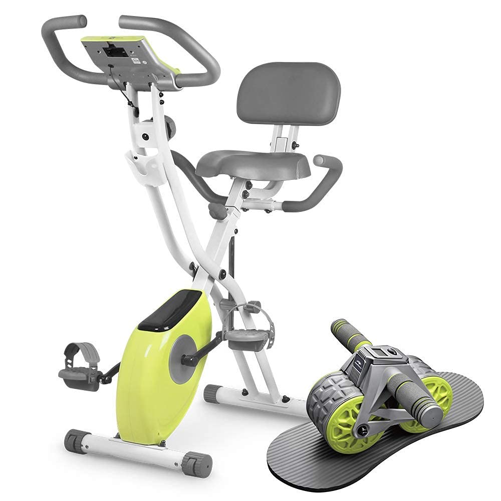 leikefitness Folding Exercise Bike and Ab Wheel Roller with Intelligent Display Bundle