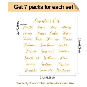 7 Sheets Essential Oil Labels Stickers, Adhesive Letter Labels Oil Roller Bottles Lip Oil Tubes Waterproof Stickers Essential Oil Accessories Water-Proof Roller Bottle Label Decoration (Gold)