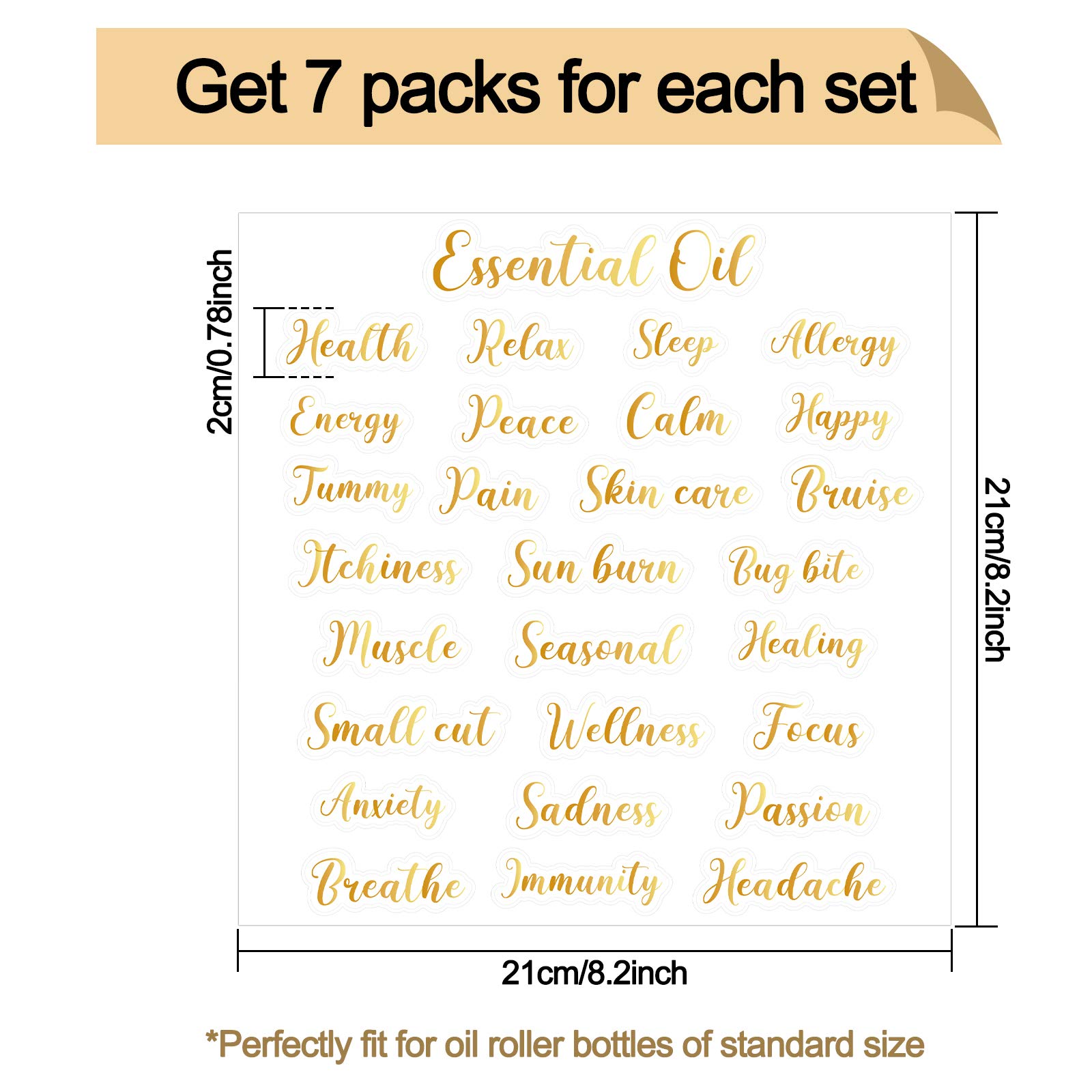 7 Sheets Essential Oil Labels Stickers, Adhesive Letter Labels Oil Roller Bottles Lip Oil Tubes Waterproof Stickers Essential Oil Accessories Water-Proof Roller Bottle Label Decoration (Gold)