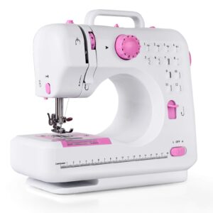 COSTWAY Electric Multifunctional Sewing Machine, 12 Stitches Portable Sewing Machine with Light Free Arm Battery, DC Adapter, Adjustable Sewing Speed (Pink+White)