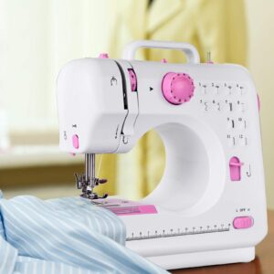 COSTWAY Electric Multifunctional Sewing Machine, 12 Stitches Portable Sewing Machine with Light Free Arm Battery, DC Adapter, Adjustable Sewing Speed (Pink+White)