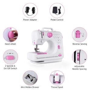 COSTWAY Electric Multifunctional Sewing Machine, 12 Stitches Portable Sewing Machine with Light Free Arm Battery, DC Adapter, Adjustable Sewing Speed (Pink+White)