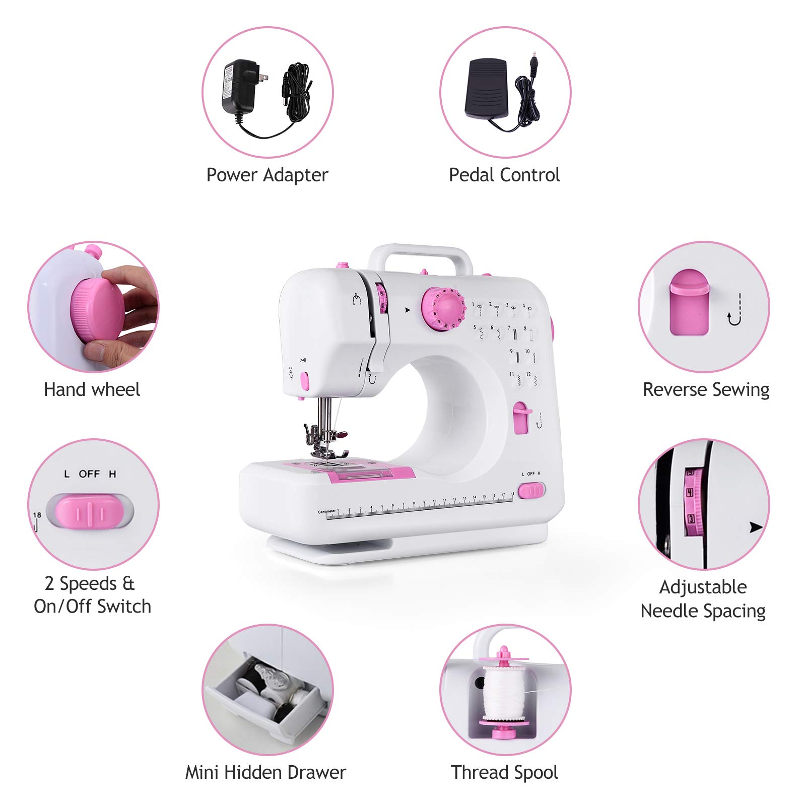 COSTWAY Electric Multifunctional Sewing Machine, 12 Stitches Portable Sewing Machine with Light Free Arm Battery, DC Adapter, Adjustable Sewing Speed (Pink+White)