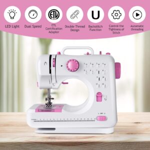 COSTWAY Electric Multifunctional Sewing Machine, 12 Stitches Portable Sewing Machine with Light Free Arm Battery, DC Adapter, Adjustable Sewing Speed (Pink+White)