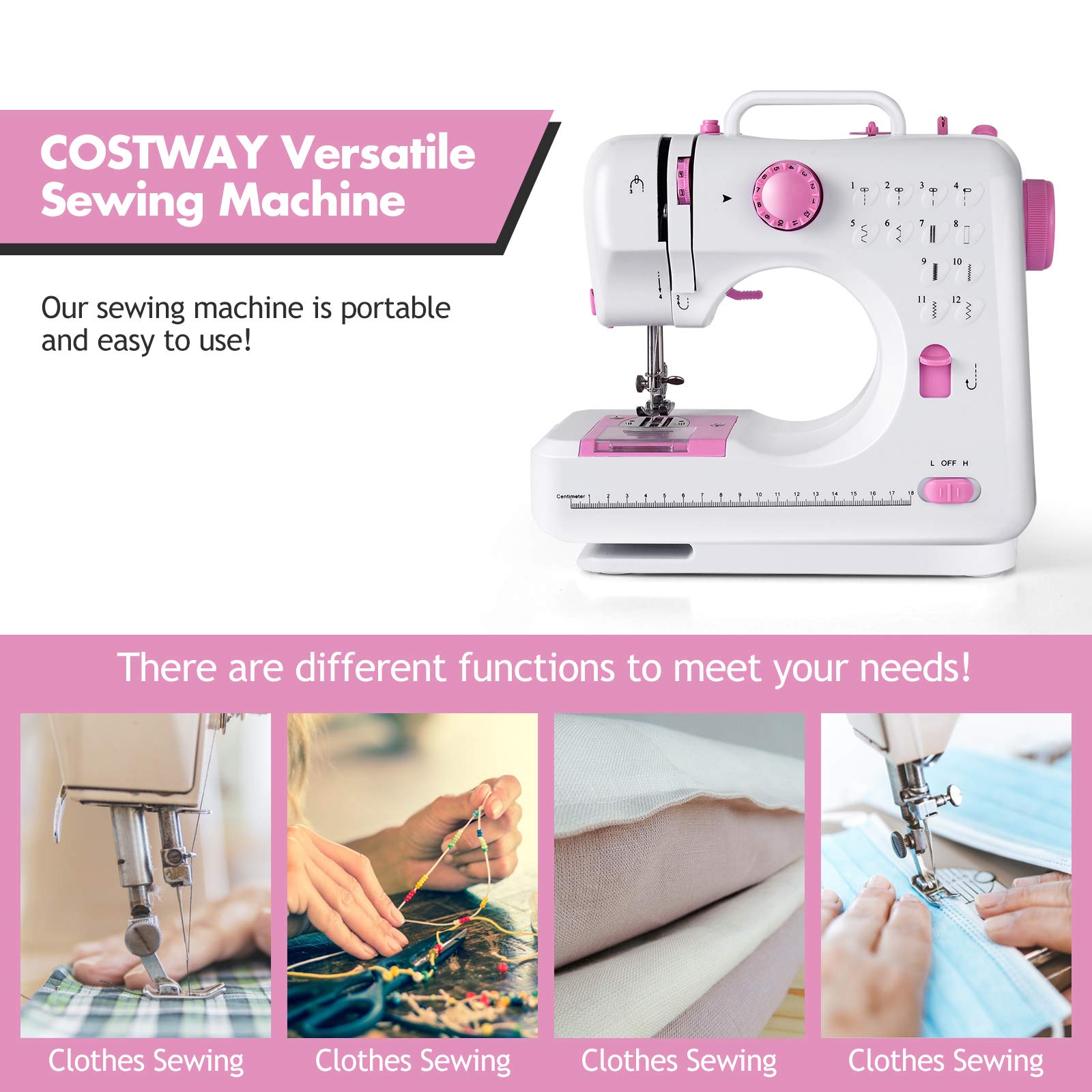 COSTWAY Electric Multifunctional Sewing Machine, 12 Stitches Portable Sewing Machine with Light Free Arm Battery, DC Adapter, Adjustable Sewing Speed (Pink+White)