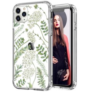icedio for iphone 11 pro case with screen protector,clear with green leaves floral flower fashionable patterns for girls women,slim fit acrylic cover protective phone case for iphone 11 pro 5.8"