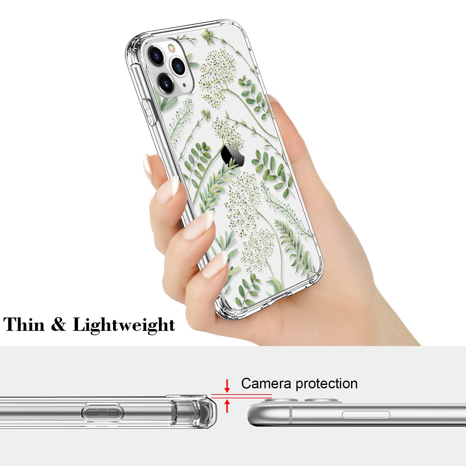 ICEDIO for iPhone 11 Pro Case with Screen Protector,Clear with Green Leaves Floral Flower Fashionable Patterns for Girls Women,Slim Fit Acrylic Cover Protective Phone Case for iPhone 11 Pro 5.8"