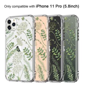 ICEDIO for iPhone 11 Pro Case with Screen Protector,Clear with Green Leaves Floral Flower Fashionable Patterns for Girls Women,Slim Fit Acrylic Cover Protective Phone Case for iPhone 11 Pro 5.8"