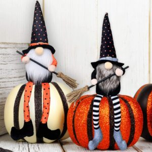 Halloween Witch Gnomes with Broom, Dangle Leg Sitting Fall Autumn Gnomes, Faceless Tomte Halloween Table Tier Tray Decor Sets of 2