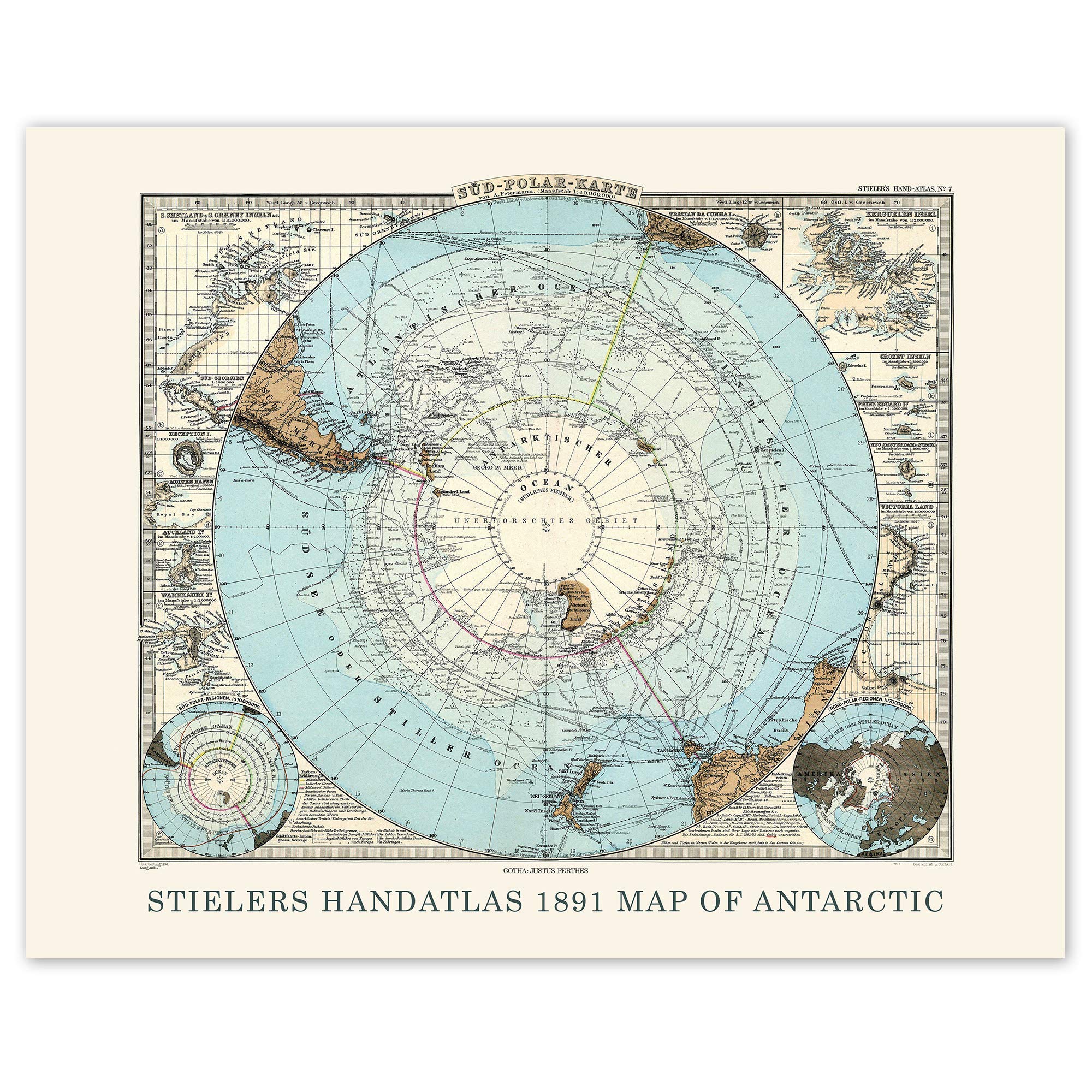 Vintage Antarctica 1891 Map Prints, 1 (11x14) Unframed Photos, Wall Art Decor Gifts for Home Geography Office Studio Science Engineer School College Student Teacher Coach World Continents History Fans