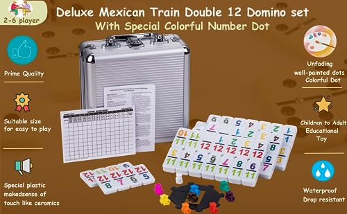 Smilejoy Double 12 Colorful Number Dot Dominoes, Mexican Train Domino Game Double Twelve Domino Set with Aluminum Case, 91 Tiles,(2-9 Players)