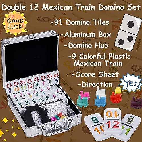 Smilejoy Double 12 Colorful Number Dot Dominoes, Mexican Train Domino Game Double Twelve Domino Set with Aluminum Case, 91 Tiles,(2-9 Players)