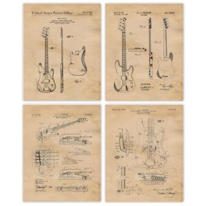 Vintage Electric Bass Guitars Patent Prints, 4 (8x10) Unframed Photos, Wall Art Decor Gifts for Home Rock Roll Music Office Leo Fender Garage Shop School Engineer Studio College Student Teacher Coach