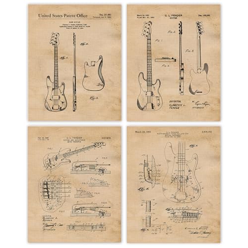 Vintage Electric Bass Guitars Patent Prints, 4 (8x10) Unframed Photos, Wall Art Decor Gifts for Home Rock Roll Music Office Leo Fender Garage Shop School Engineer Studio College Student Teacher Coach