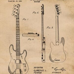 Vintage Electric Bass Guitars Patent Prints, 4 (8x10) Unframed Photos, Wall Art Decor Gifts for Home Rock Roll Music Office Leo Fender Garage Shop School Engineer Studio College Student Teacher Coach