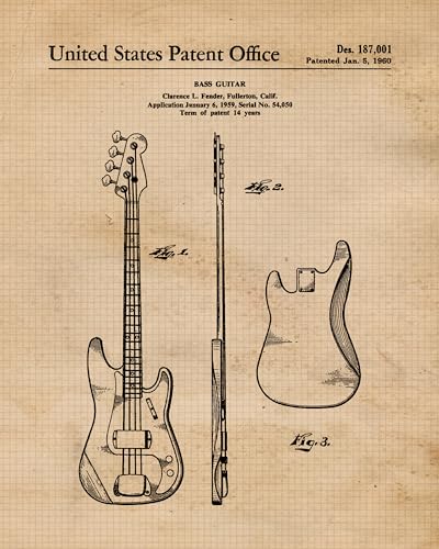 Vintage Electric Bass Guitars Patent Prints, 4 (8x10) Unframed Photos, Wall Art Decor Gifts for Home Rock Roll Music Office Leo Fender Garage Shop School Engineer Studio College Student Teacher Coach