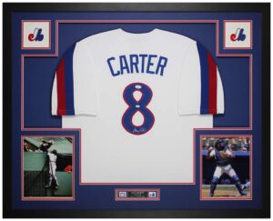 gary carter autographed white montreal expos jersey - beautifully matted and framed - hand signed by carter and certified authentic by jsa - includes certificate of authenticity