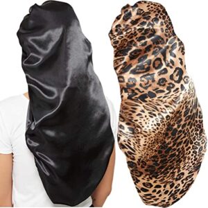 2 pcs hair bonnets for women satin, black leopard soft elastic band silky sleeping cap big bonnets for women bonnet for braids