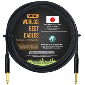 worlds best cables 15 foot - guitar bass instrument cable custom made using mogami 2524 wire and neutrik np2x-b ¼ inch (6.35mm) straight gold ts connectors