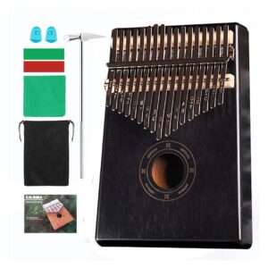 Kalimba 17 Keys Thumb Paino Made By Solid Mahogany with Study Instruction and Tune Hammer, Portable Mbira Sanza African Wood Finger Piano black