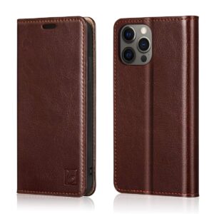 belemay iphone 12/12 pro wallet case - genuine leather, rfid blocking, card holder, tpu shell, kickstand, brown