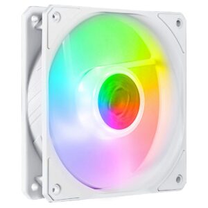 cooler master sickleflow 120 v2 argb white edition square frame fan, argb 3-pin customizable leds, air balance curve blade, sealed bearing, 120mm pwm control for computer case & liquid radiator