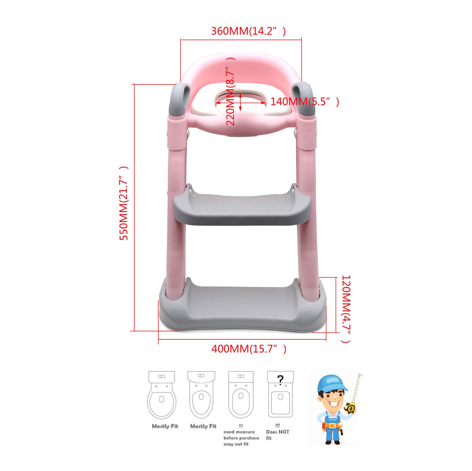 HTTMT- Pink Toddler Potty Training Seat Ladder Step Toilet Girl Chair Infant Kids Bathroom Trainer [P/N: ET-BABY002-PINK]