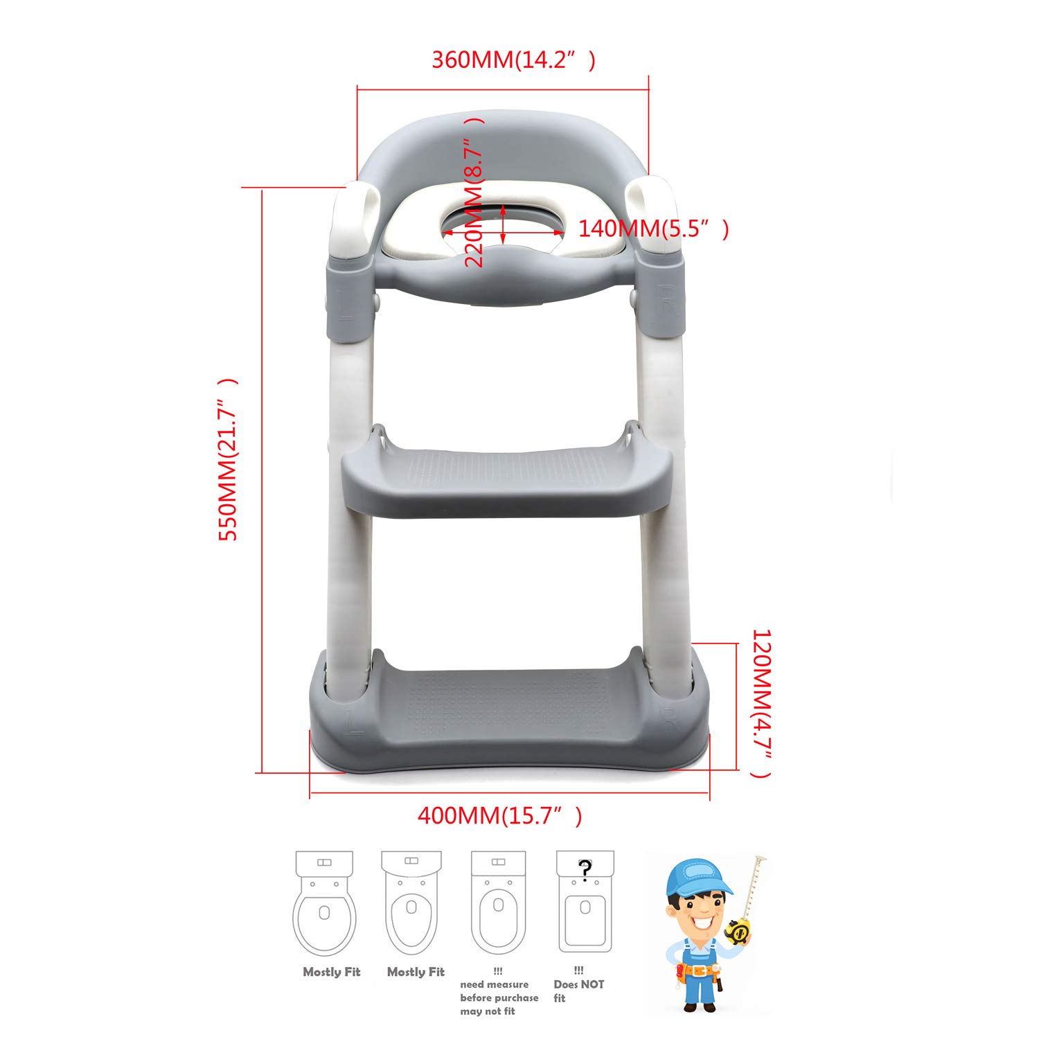 HTTMT- Classic Potty Training Toilet Ladder Seat With Upgraded Cushion Step Stool Ladder Toilet Chair/Toilet Trainer for Baby Toddler Kids Children In Gray [P/N: ET-BABY002-GRAY-C]