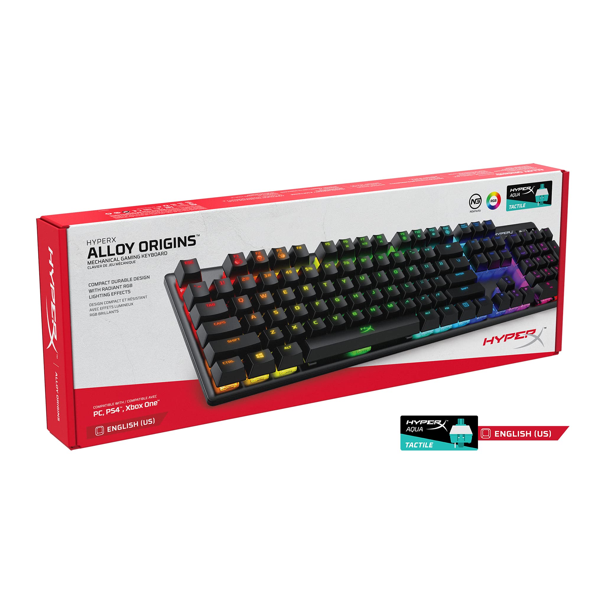 HyperX Alloy Origins - Mechanical Gaming Keyboard, Software-Controlled Light & Macro Customization, Compact Form Factor, RGB LED Backlit - Tactile HyperX Aqua Switch (Renewed)