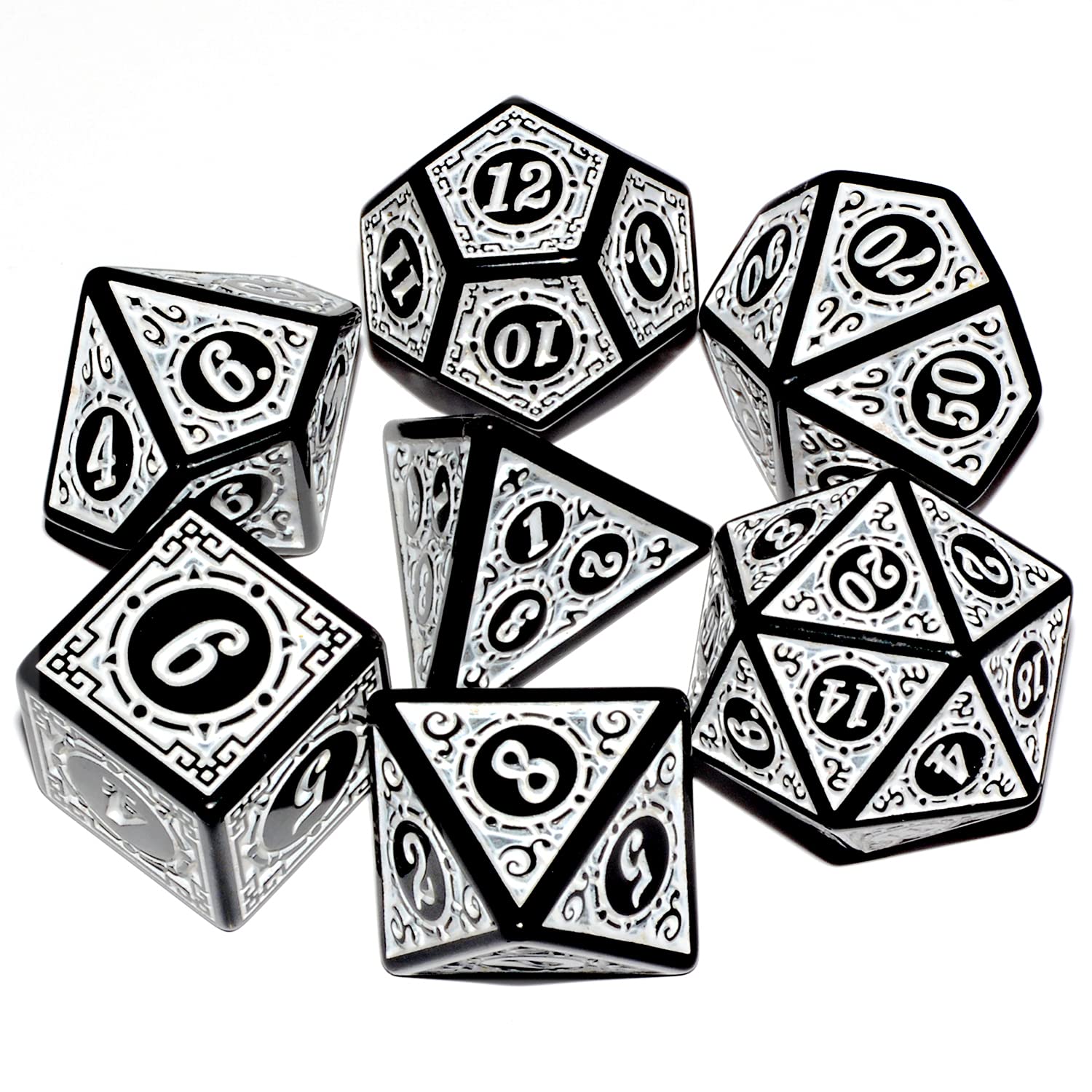 DND Dice 7Pieces, Raised Pattern Black and White Mixed Polyhedral DND Dice for RPG MTG Table Game Dice