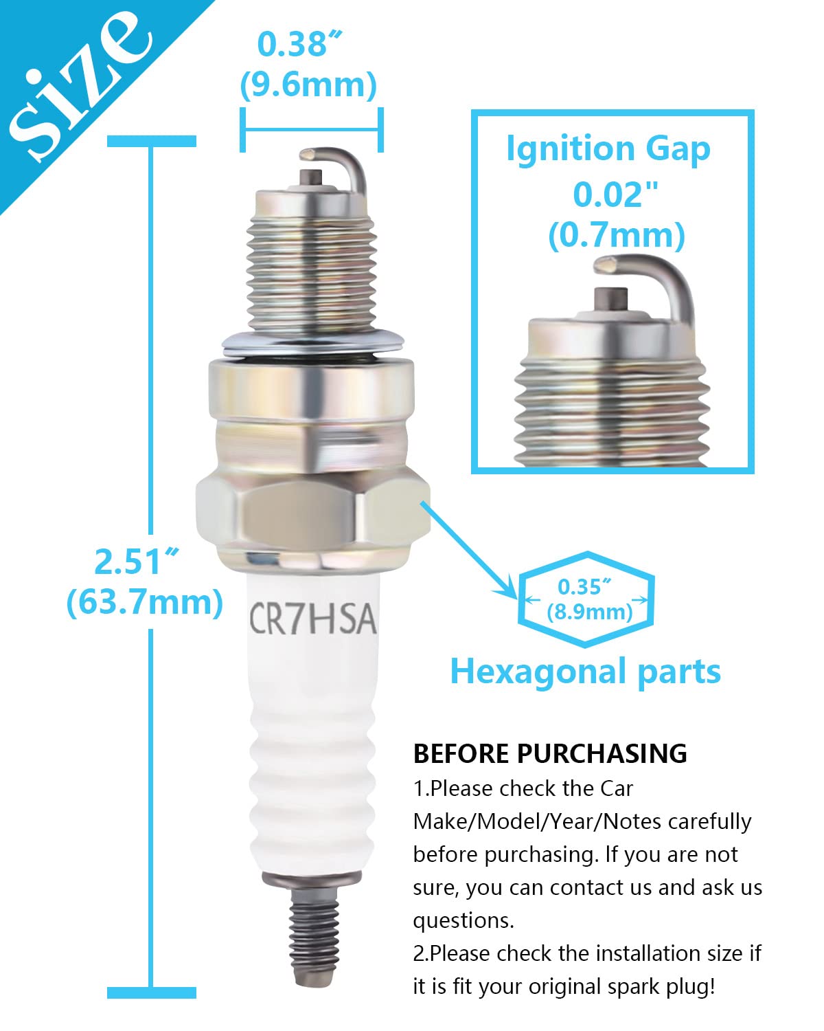 AloneGoer A7RTC CR7HSA Motorcycle Spark Plug A7RC A7TC CR7HSA 4549 Replace for GY6 Engine 50cc 70cc 90cc 100cc 110 125 150cc Motorcycle ATV Quad Scooter Go Kart Moped Chopper Buggy Dirt Racing Bike