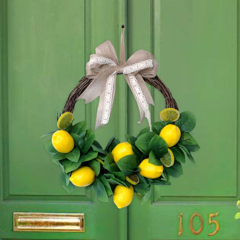 QCUTEP 15.7inch Spring Fruit Wreath Front Door Wreath Artificial Yellow Lemon Wreath for Home Garden Front Door Indoor Wall Decorations