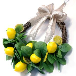 QCUTEP 15.7inch Spring Fruit Wreath Front Door Wreath Artificial Yellow Lemon Wreath for Home Garden Front Door Indoor Wall Decorations