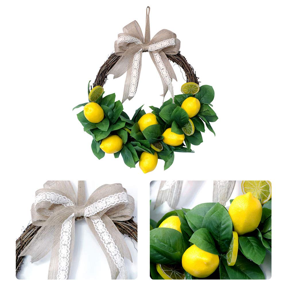 QCUTEP 15.7inch Spring Fruit Wreath Front Door Wreath Artificial Yellow Lemon Wreath for Home Garden Front Door Indoor Wall Decorations