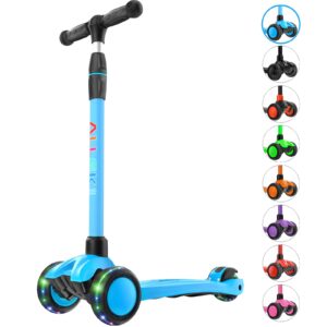 allek kick scooter b03, lean 'n glide 3-wheeled push scooter with extra wide pu light-up wheels, any height adjustable handlebar and strong thick deck for children from 3-12yrs (aqua blue)