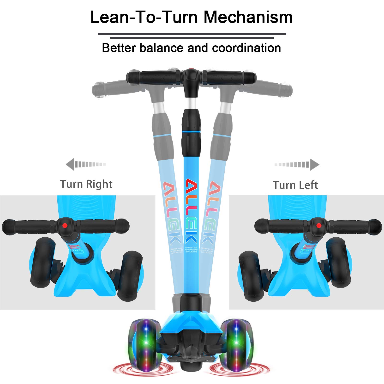 Allek Kick Scooter B03, Lean 'N Glide 3-Wheeled Push Scooter with Extra Wide PU Light-Up Wheels, Any Height Adjustable Handlebar and Strong Thick Deck for Children from 3-12yrs (Aqua Blue)