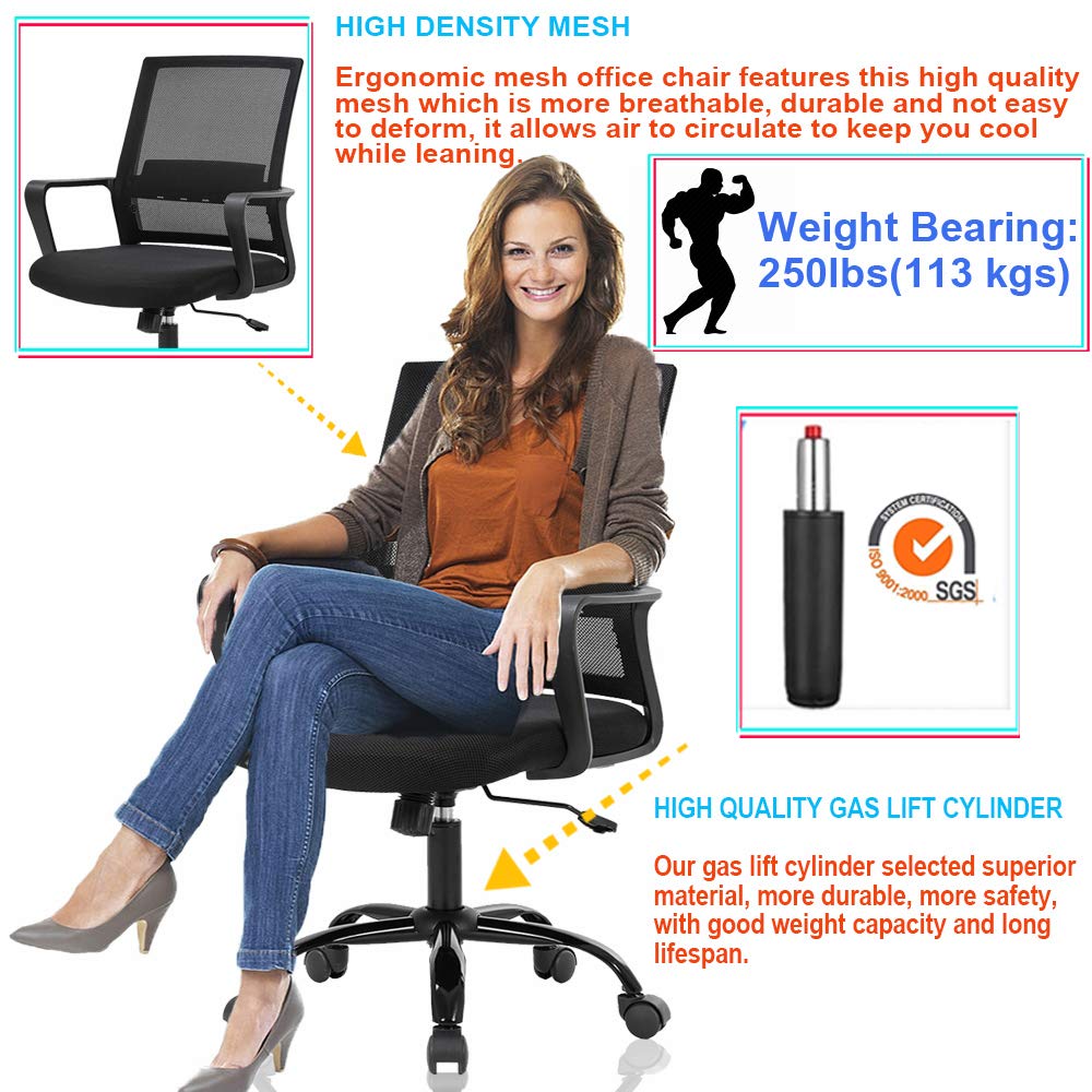 Office Chair Ergonomic Mesh Desk Chair Computer Chair Adjustable Executive Rolling Swivel Chair Lumbar Support Modern Executive Home Chair Mid Black Game Task Chair Furniture for Women&Men