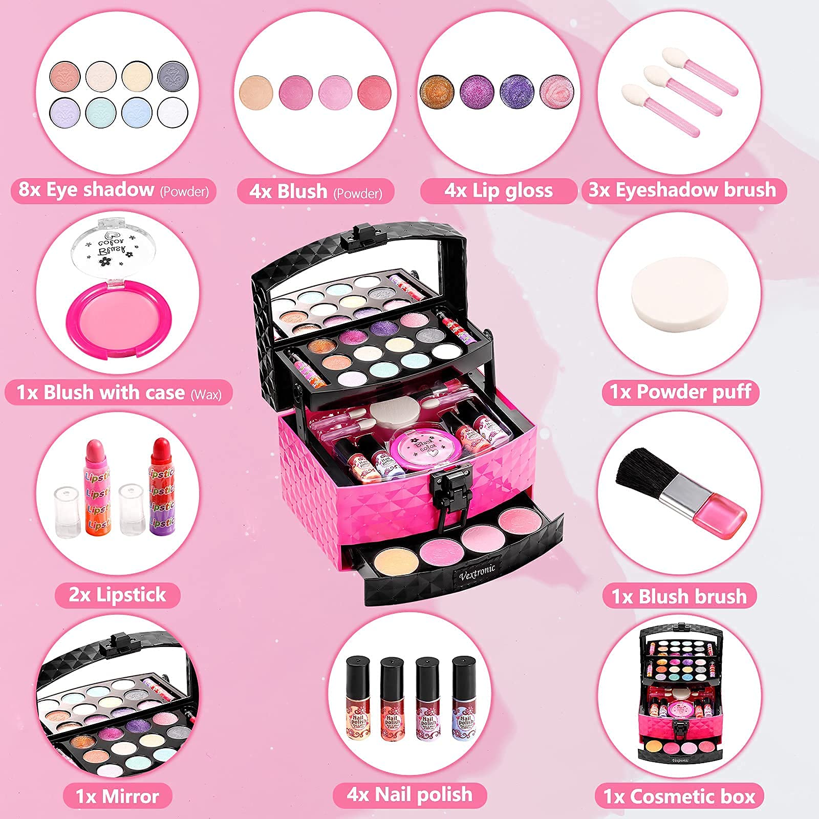 Vextronic Kids Makeup Sets for Girls, Washable Toddler Makeup Kit, Non Toxic & Safe Pretend Play Makeup for Kids Ages 3 4 5 6 7 8 9 10 11 12, Little Girls Makeup Kit Toy, Christmas & Birthday Gift