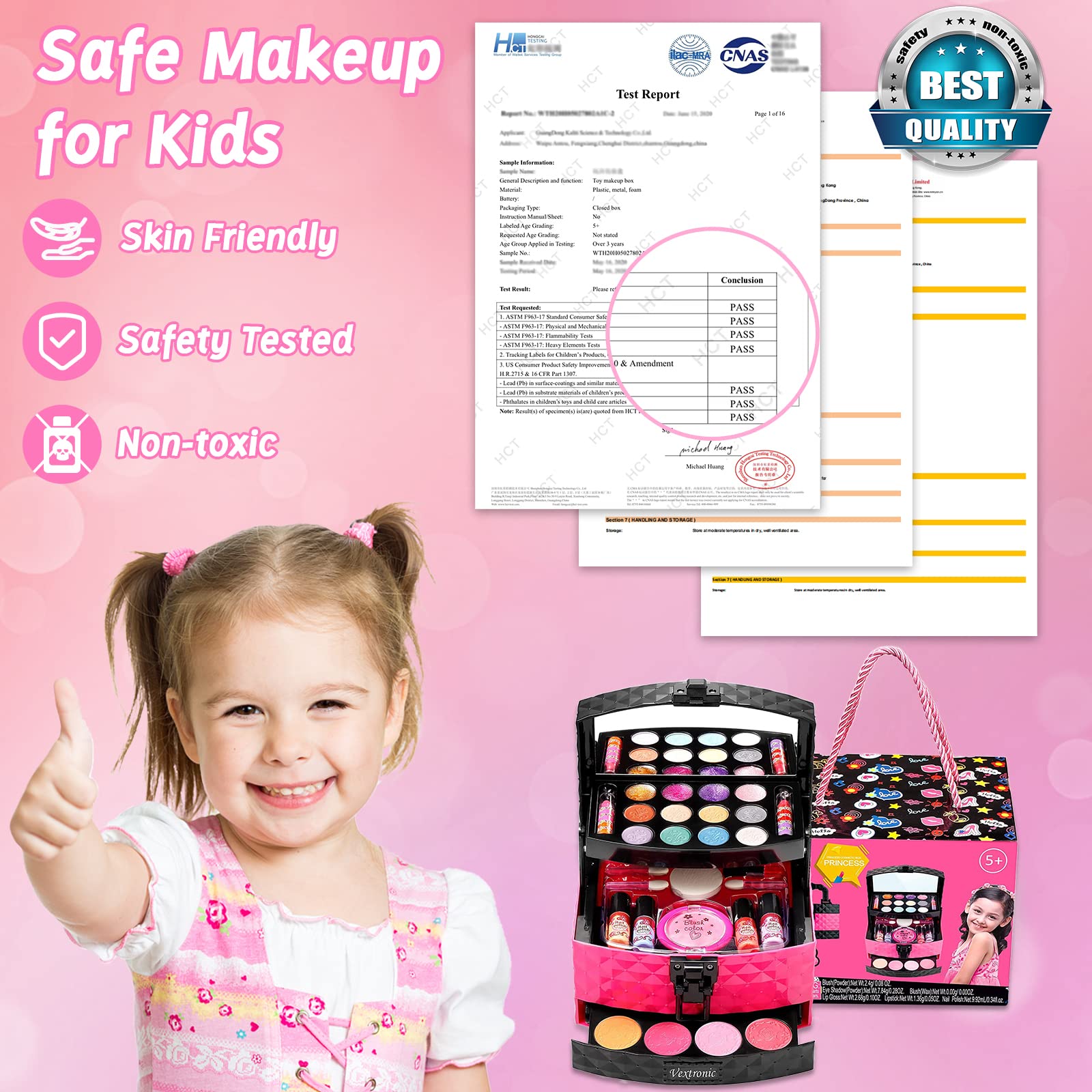 Vextronic Kids Makeup Sets for Girls, Washable Toddler Makeup Kit, Non Toxic & Safe Pretend Play Makeup for Kids Ages 3 4 5 6 7 8 9 10 11 12, Little Girls Makeup Kit Toy, Christmas & Birthday Gift