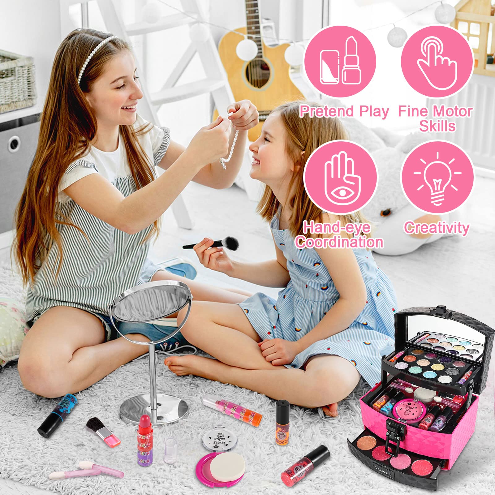 Vextronic Kids Makeup Sets for Girls, Washable Toddler Makeup Kit, Non Toxic & Safe Pretend Play Makeup for Kids Ages 3 4 5 6 7 8 9 10 11 12, Little Girls Makeup Kit Toy, Christmas & Birthday Gift