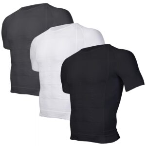odoland 3 pack men's body shaper slimming shirt tummy vest thermal compression base layer slim muscle short sleeve shapewear, white/grey/black, l