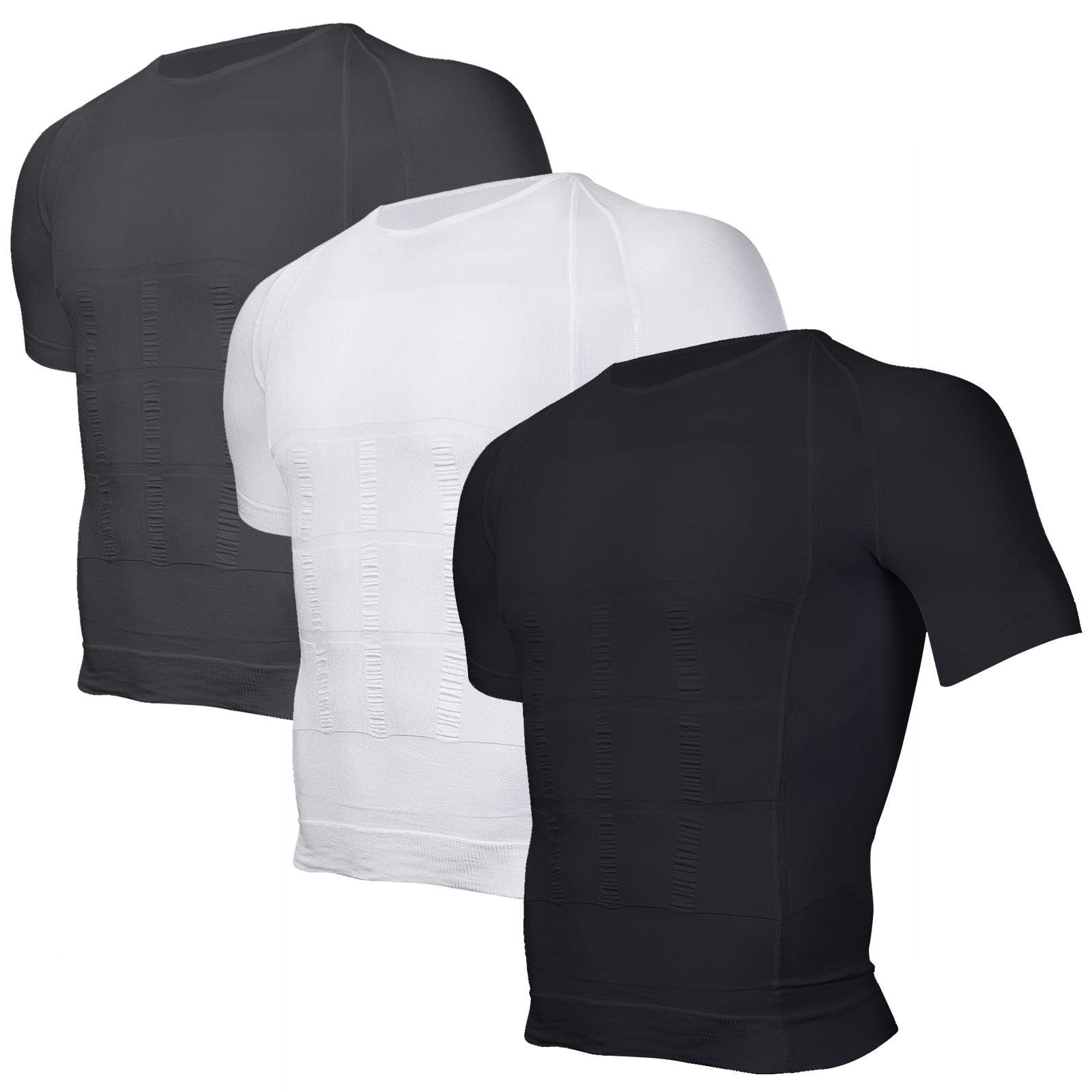 Odoland 3 Pack Men's Body Shaper Slimming Shirt Tummy Vest Thermal Compression Base Layer Slim Muscle Short Sleeve Shapewear, White/Grey/Black, L