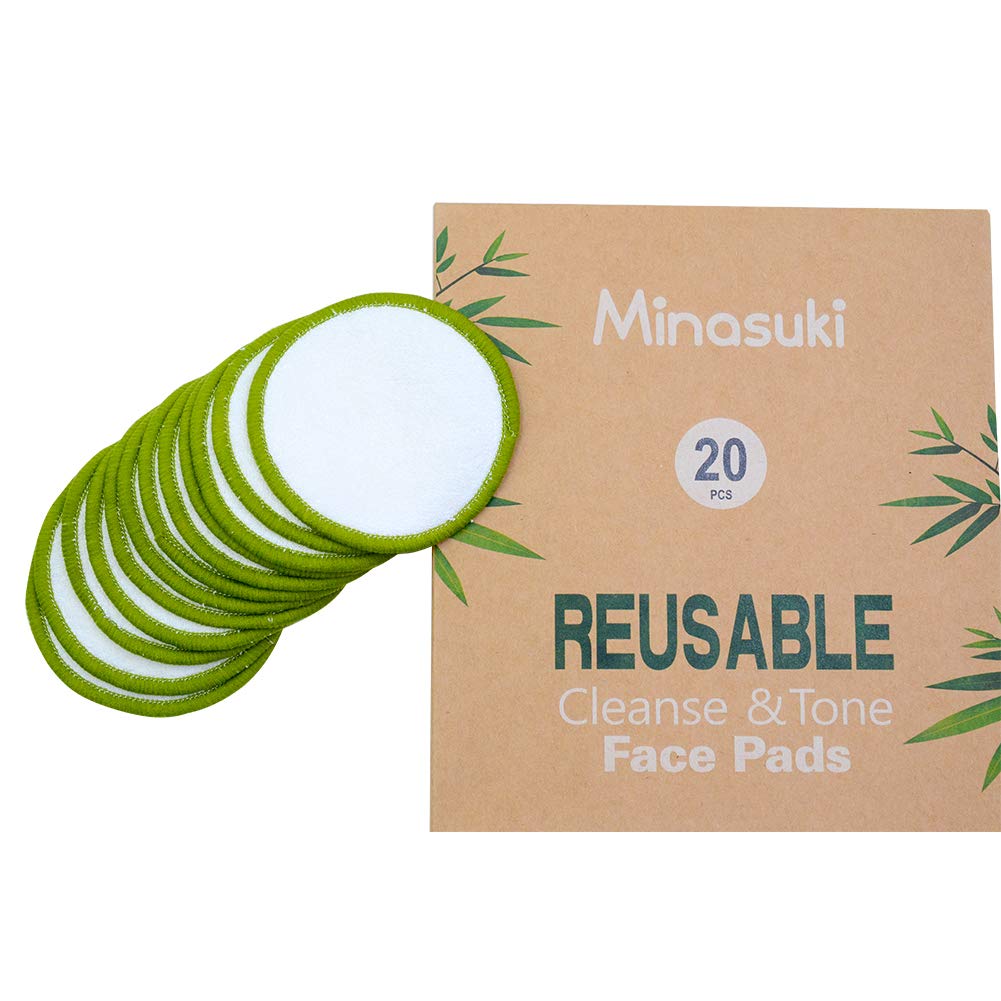 Minasuki 20 Pack Reusable Makeup Remover Pads - Bamboo Reusable Cotton Rounds for Toner, Washable Eco-Friendly Pads for All Skin Types with Cotton Laundry Bag