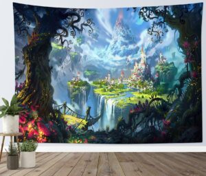 lb fantasy forest castle tapestry, large green magic fairy tale world tapestry wall hanging, trippy mountain tapestry wall decor for bedroom living room dorm wall decor, 80 x 60 inches