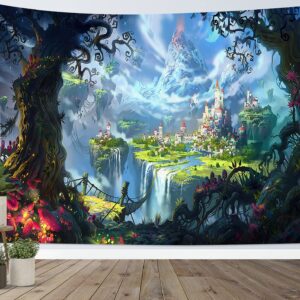 LB Fantasy Forest Castle Tapestry, Large Green Magic Fairy Tale World Tapestry Wall Hanging, Trippy Mountain Tapestry Wall Decor for Bedroom Living Room Dorm Wall Decor, 80 x 60 Inches