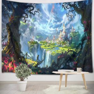 LB Fantasy Forest Castle Tapestry, Large Green Magic Fairy Tale World Tapestry Wall Hanging, Trippy Mountain Tapestry Wall Decor for Bedroom Living Room Dorm Wall Decor, 80 x 60 Inches