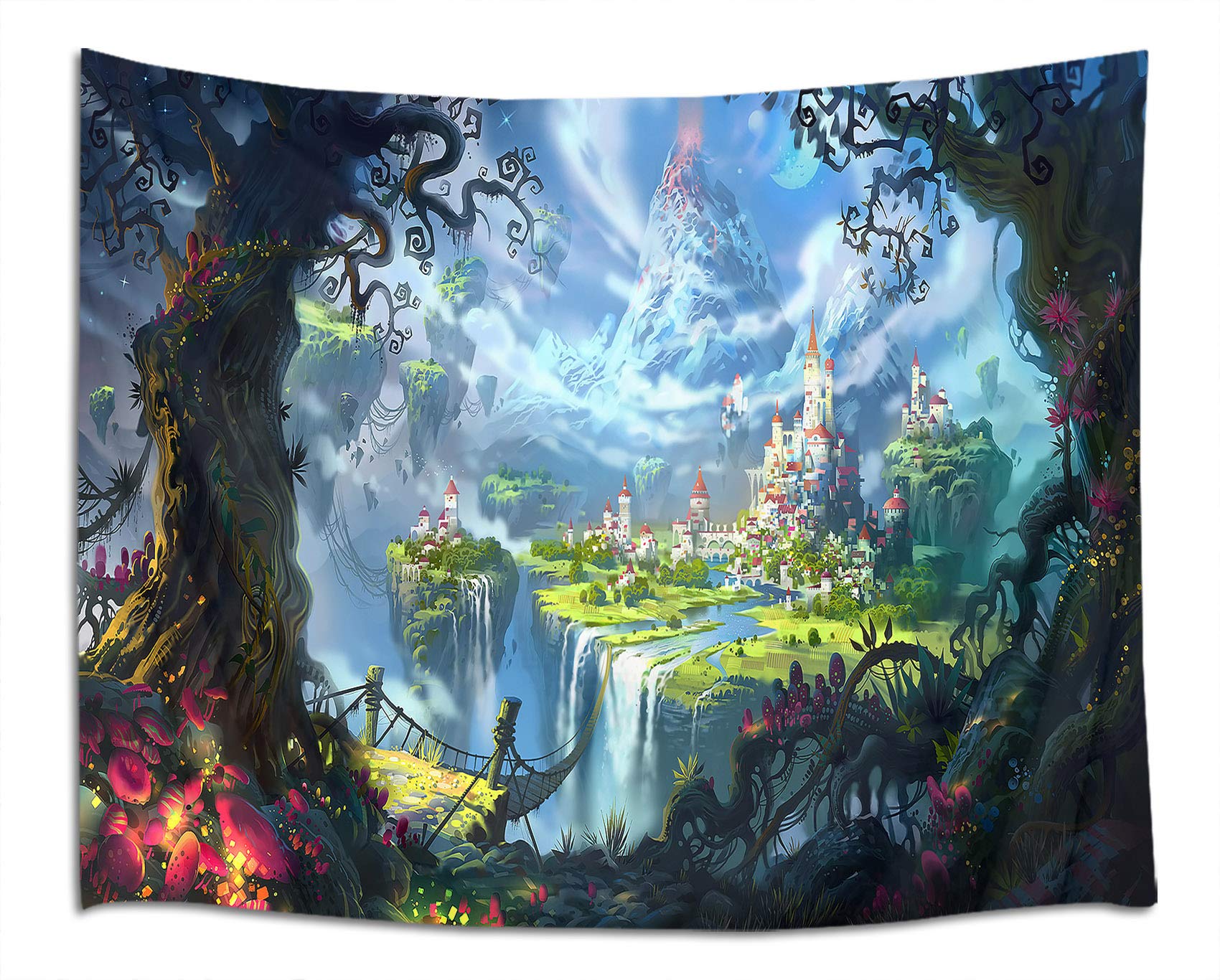 LB Fantasy Forest Castle Tapestry, Large Green Magic Fairy Tale World Tapestry Wall Hanging, Trippy Mountain Tapestry Wall Decor for Bedroom Living Room Dorm Wall Decor, 80 x 60 Inches