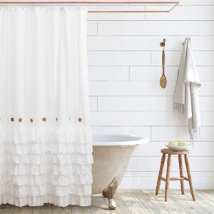 shaina white farmhouse shower curtain 72 x 72 with shabby chic ruffles and french country style buttons - modern farmhouse fabric (white)