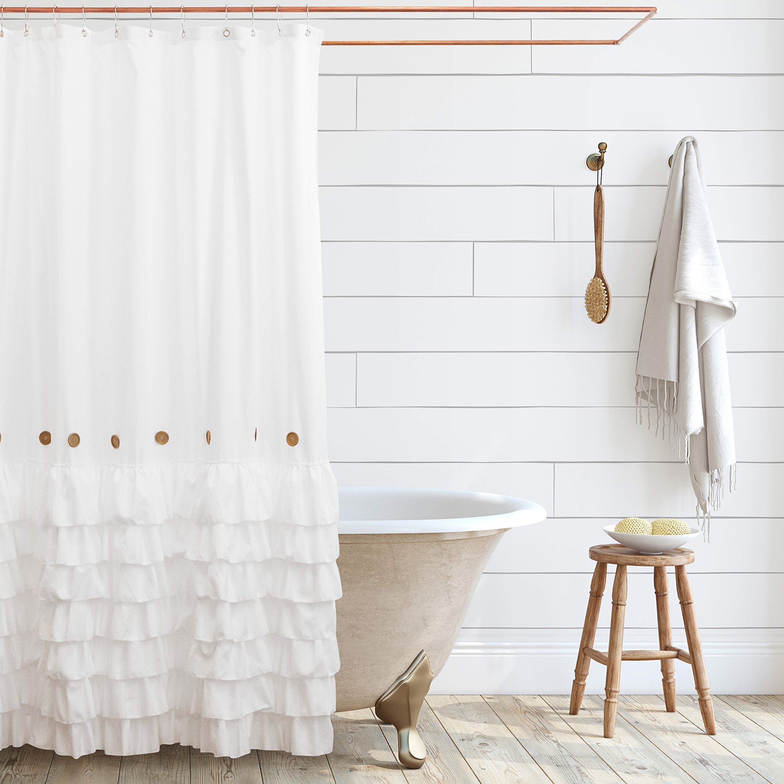 Shaina White Farmhouse Shower Curtain 72 x 72 with Shabby Chic Ruffles and French Country Style Buttons - Modern Farmhouse Fabric (White)