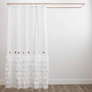 Shaina White Farmhouse Shower Curtain 72 x 72 with Shabby Chic Ruffles and French Country Style Buttons - Modern Farmhouse Fabric (White)